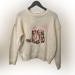 Willow & Wind Cowgirl Boots Scoop Neck Sweater Ivory Size XS Relaxed Western NEW